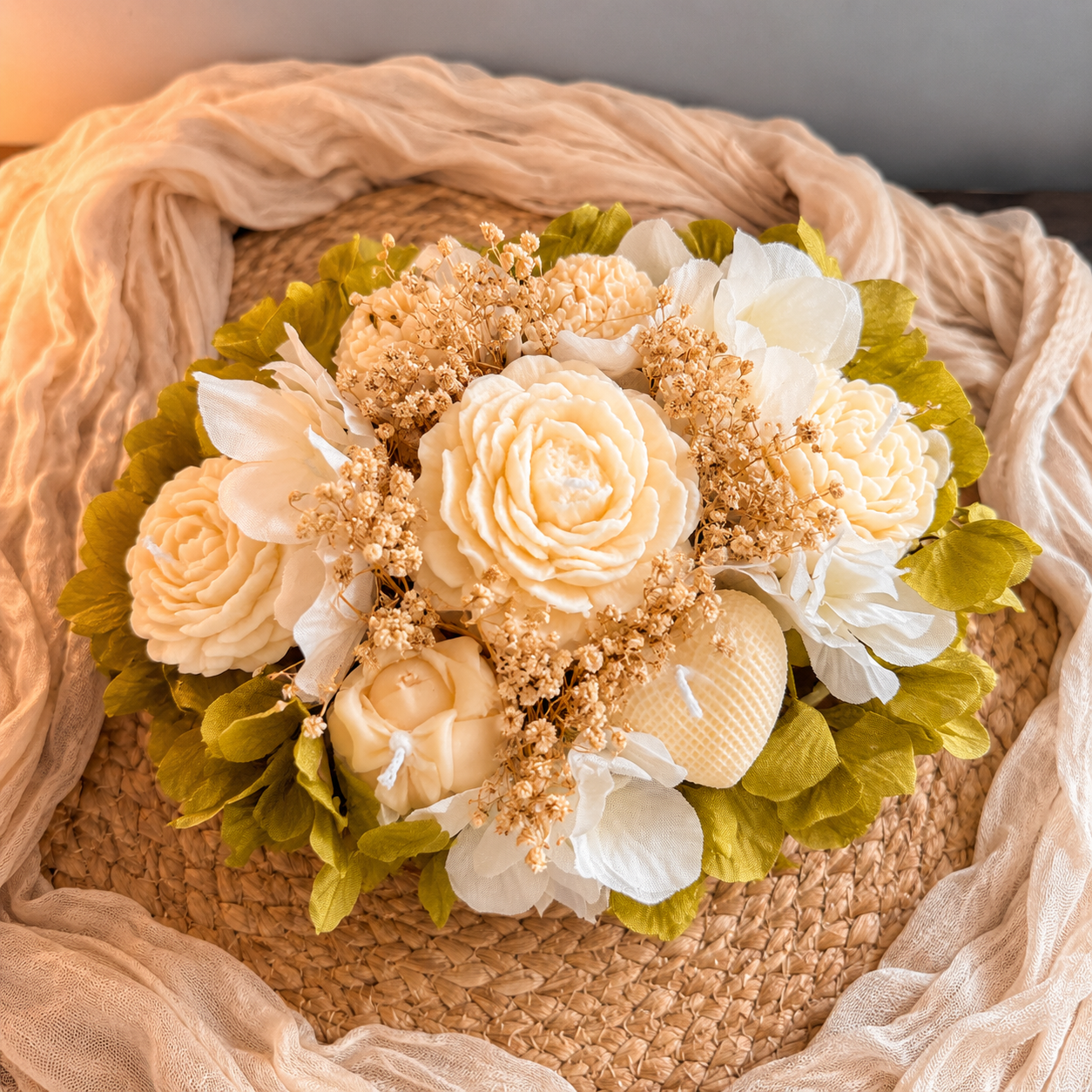 Ivory Rose Candle Bouquet in Ribbed Ceramic Vase | Set of 7 Sculpted Soy Candle Flowers
