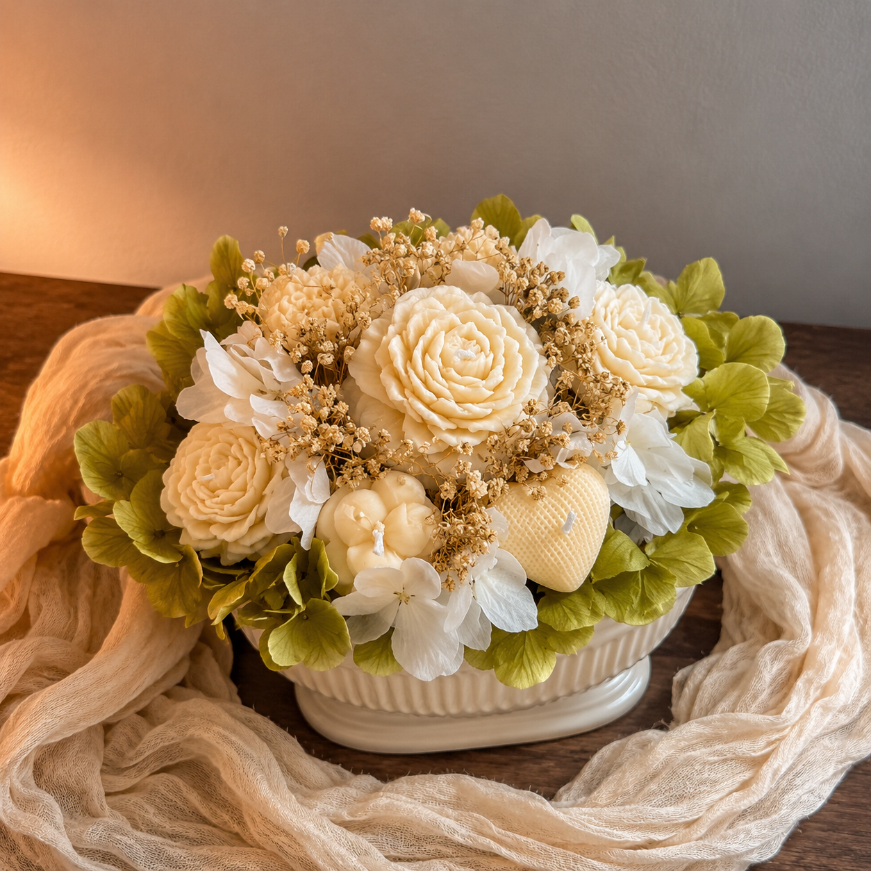 Ivory Rose Candle Bouquet in Ribbed Ceramic Vase | Set of 7 Sculpted Soy Candle Flowers