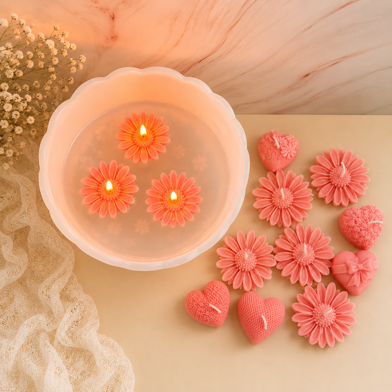 Floating Daisy & Heart Candle Gift Set