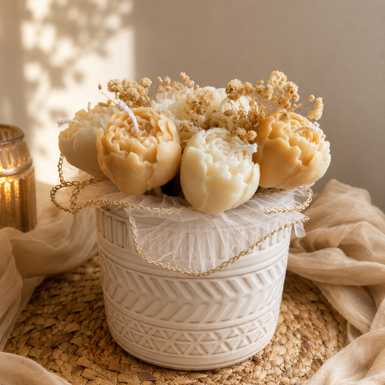 Peony Rose Candle Bouquet in Textured Ceramic Vase | Sculpted Soy Candle Arrangement