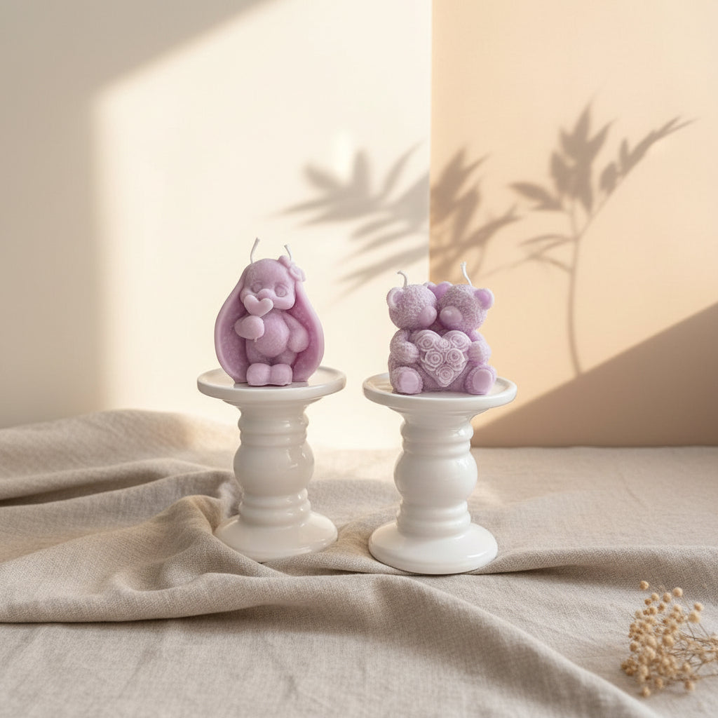 Two lavender-colored novelty candles shaped like a seated rabbit and a teddy bear, displayed on small white pedestal stands with beige fabric draped in the background.